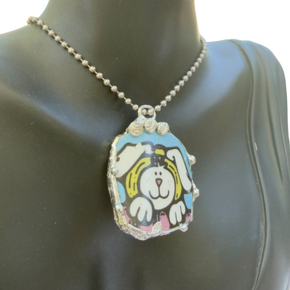 Royal Norfolk Easter Bunny Broken China Pendant - Silver Cabochon Necklace 1.5" - Picture 9 of 15